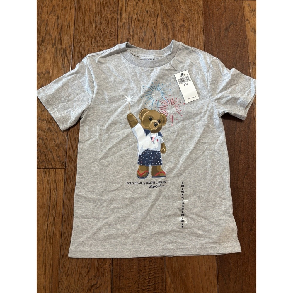 NEW Polo Ralph Lauren Polo Bear Fourth of July Boys T Shirt Gray Size Small 8